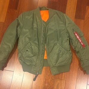 Alpha Industries Olive Bomber Jacket with Bright Orange Interior